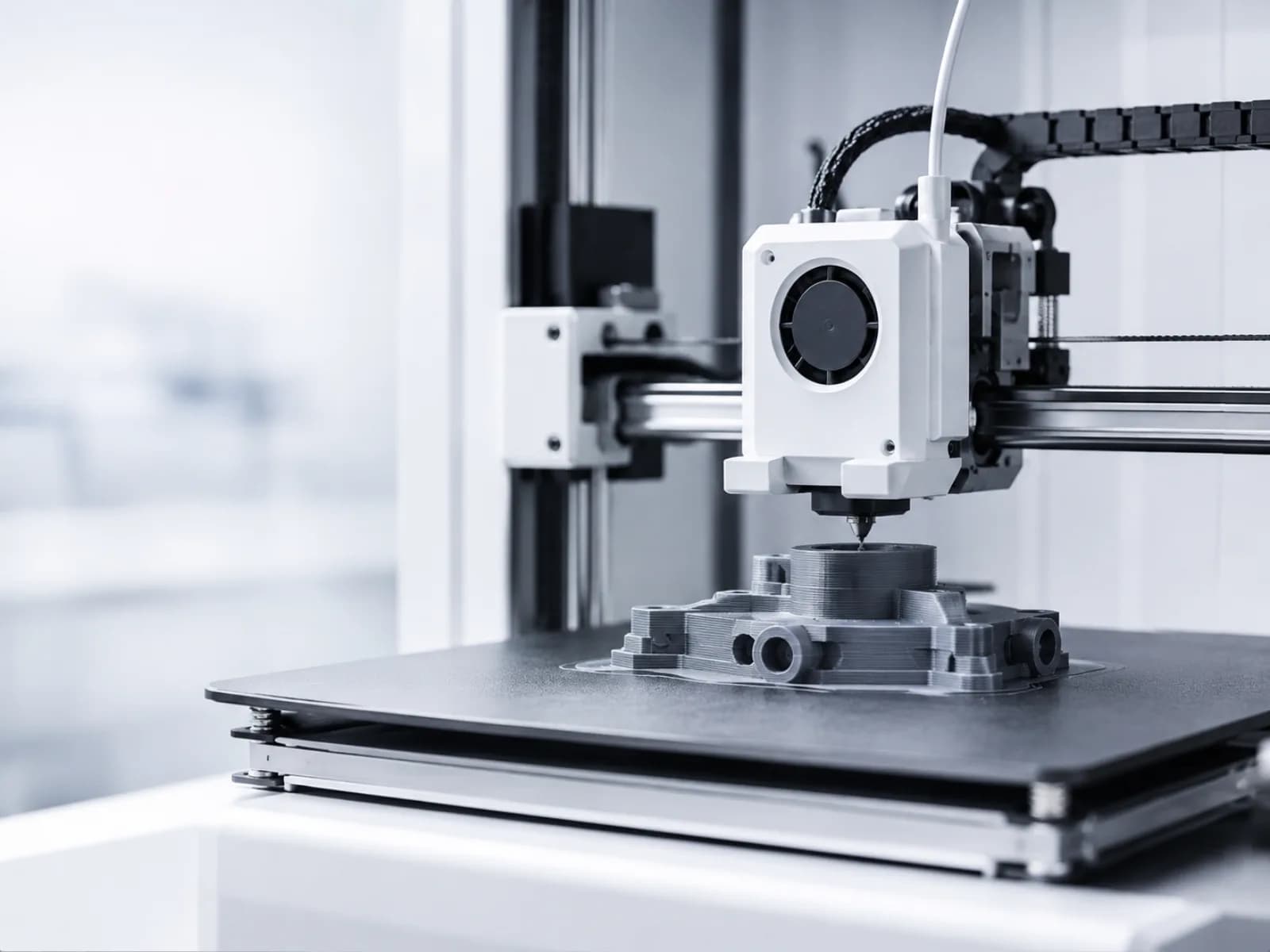 FDM printer nozzle laying down a grey engineering part on the build plate